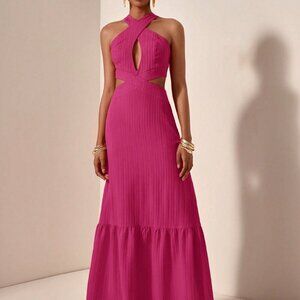 Hot Pink Sexy Women's Cross Halter Neck Backless Maxi Dress